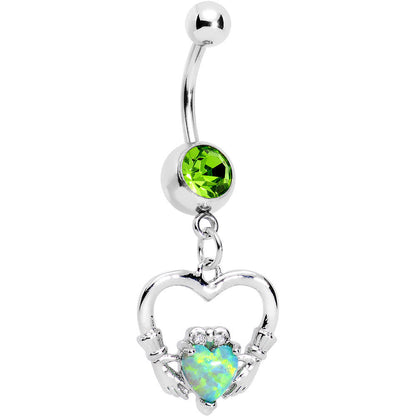 Green Gem Imitation Opal Claddagh Dangle Belly Ring