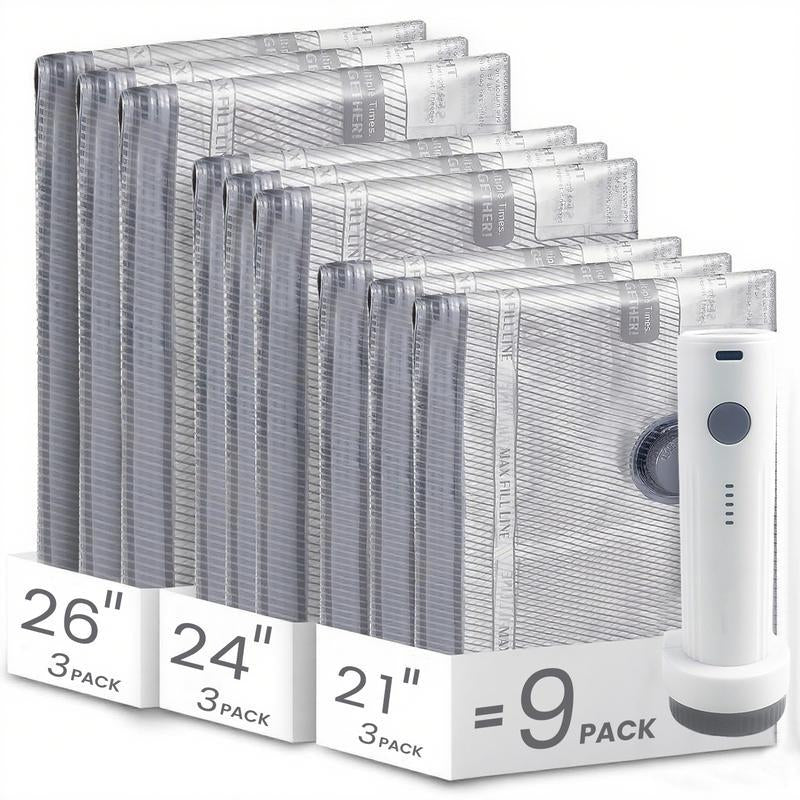 【2026 Upgraded】X7 Cordless Travel Vacuum Storage Compression Bag Set with Rechargeable Air Pump 9/15 Pack Waterproof & Reusable Compression Packing Bags for 2 Size,140L/Min Powerful Air Removal，Perfect for Carry-On Suitcases,