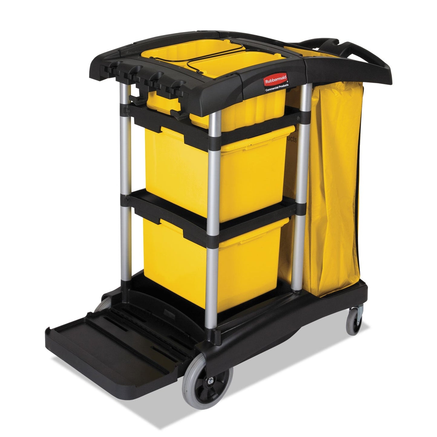 Rubbermaid High Capacity Cleaning Cart, Plastic, 4 Shelves, 2 Bins, 21.75" x 49.75" x 38.38", Black