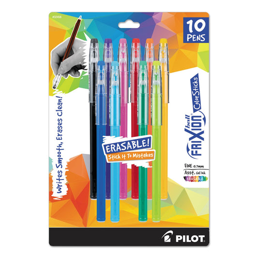 Pilot FriXion ColorSticks Erasable Gel Pen, Stick, Fine 0.7 mm, Assorted Ink and Barrel Colors, 10/Pack