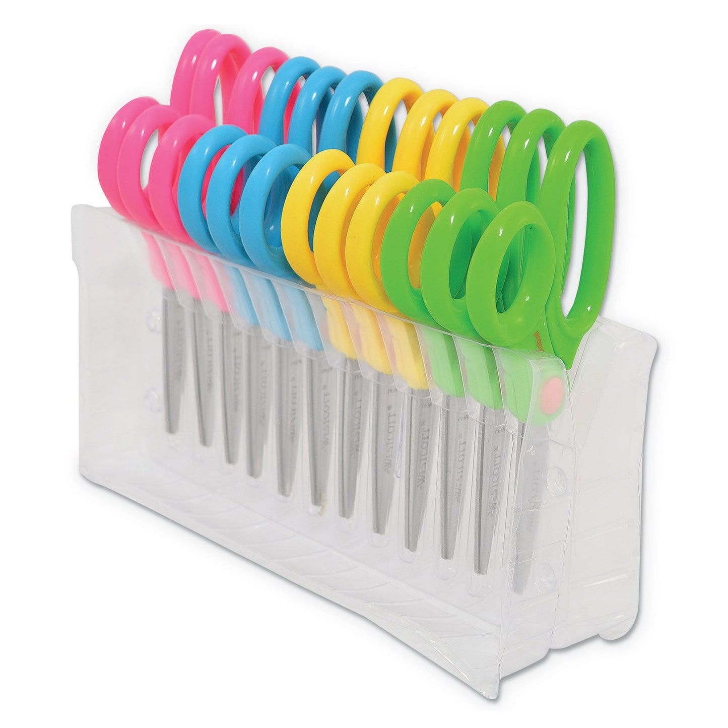 Westcott Kids' Scissors with Antimicrobial Protection, Pointed Tip, 5" Long, 2" Cut Length, Assorted Straight Handles, 12/Pack