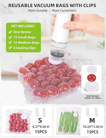 Chef Preserve Compact Vacuum Sealer for Food (Vacuum Sealer Machine + 30 Reusable Vacuum Bags) Powerful Handheld Vacuum Sealer Machine, Seal Meal Saver, Portable Food Sealer