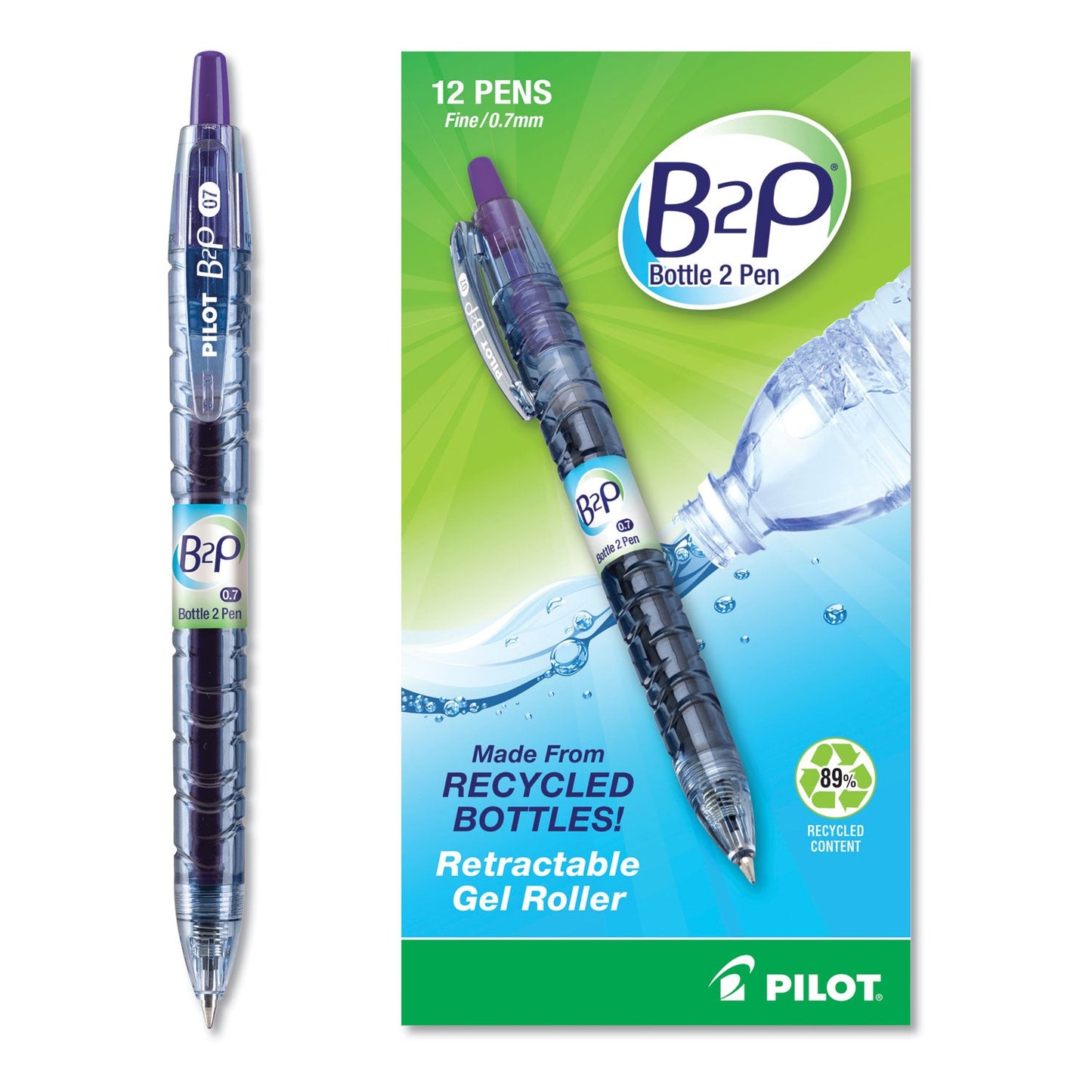 Pilot B2P Bottle-2-Pen Recycled Gel Pen, Retractable, Fine 0.7 mm, Purple Ink, Translucent Blue Barrel