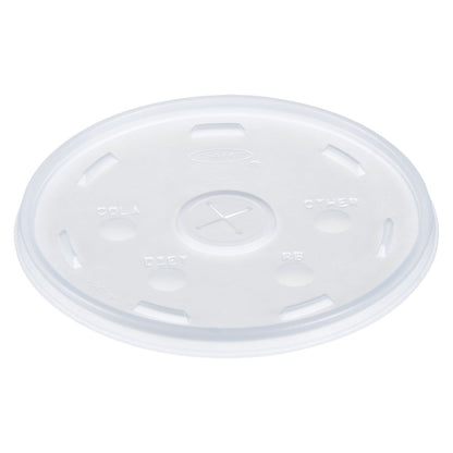 Dart Plastic Lids for Foam Cups, Bowls and Containers, Flat with Straw Slot, Fits 12-60 oz, Translucent, 100/Pack, 5 Packs/Carton