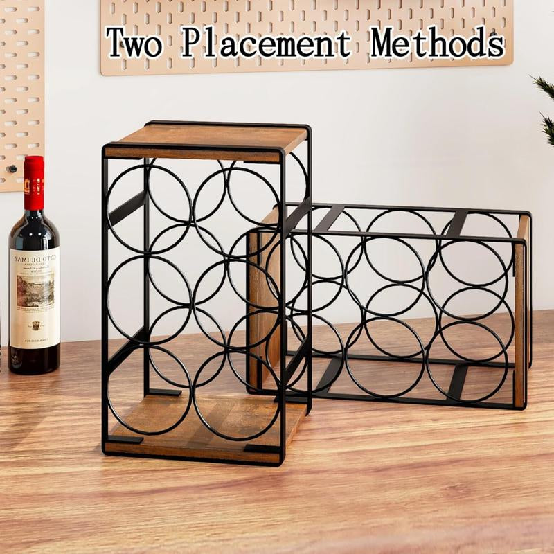 SUOERNUO Wood Countertop Wine Rack No Assembly Needed 6-Bottle Capacity Black & Rustic Brown Metal & Wood Construction Rust-Resistant Powder Coating Freestanding Storage Solution
