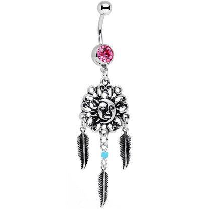 Pink Gem Sun and Moon Feather Celestial Daydream Dangle Belly Ring
