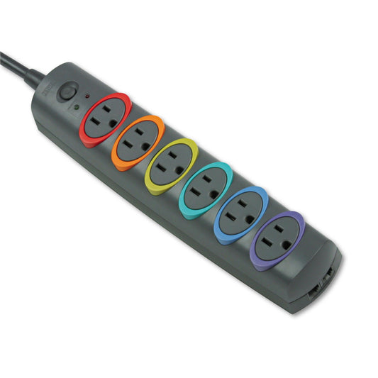 Kensington SmartSockets Color-Coded Strip Surge Protector, 6 AC Outlets, 8 ft Cord, 1,260 J, Black
