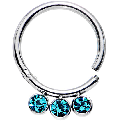 16G 3/8 Aqua Gem Stainless Steel Trio Hinged Segment Ring