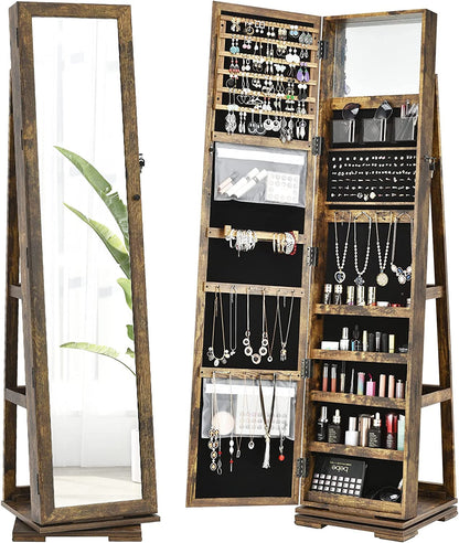 Elegant 360° Swivel Jewelry Armoire with Full-Length Mirror - Lockable Cabinet Organizer with Ample Storage, Makeup Mirror & Back Shelves (Rustic Brown)