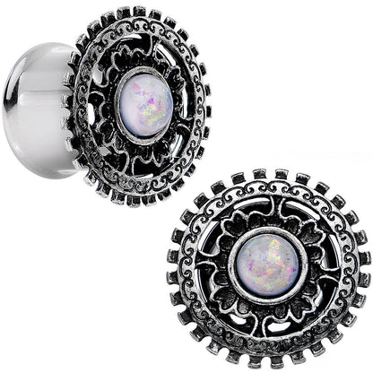 1/2 White Faux Opal Steel Finely Framed Double Flare Plug Set