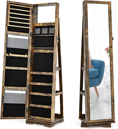 Elegant 360° Swivel Jewelry Armoire with Full-Length Mirror - Lockable Cabinet Organizer with Ample Storage, Makeup Mirror & Back Shelves (Rustic Brown)