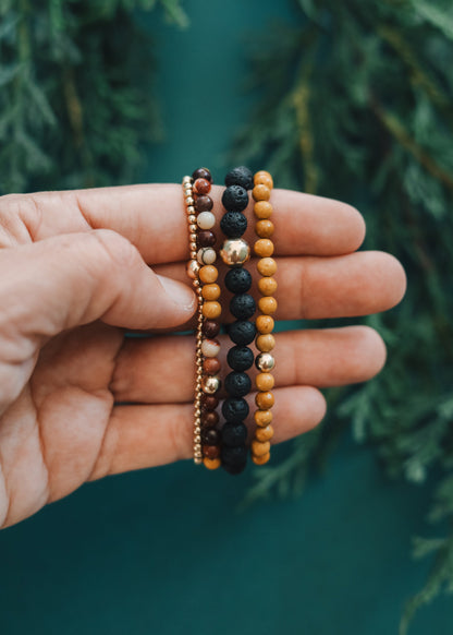 Dainty Golden Mookaite Jasper + 14K Gold Filled || Beaded Stretch Bracelet