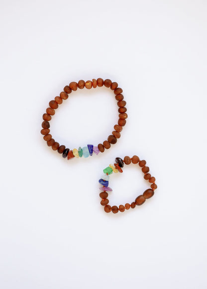 Raw Cognac Baltic Amber + Raw CHAKRA Crystals || Adult Bracelet