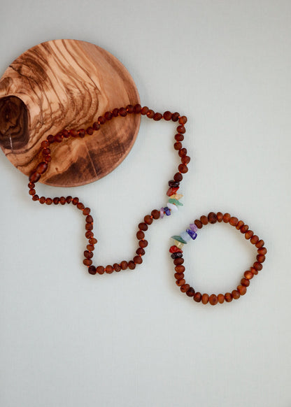 Raw Cognac Baltic Amber + Raw CHAKRA Crystals || Adult Bracelet