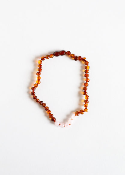 Polished Cognac Baltic Amber + Rose Quartz || Necklace