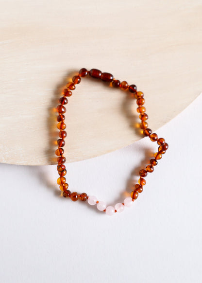 Polished Cognac Baltic Amber + Rose Quartz || Necklace