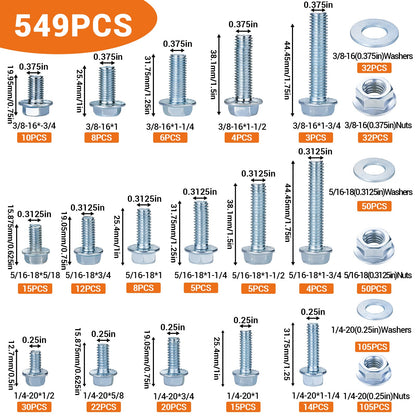 M6/M8/M10 Flange Bolt Kit (549PCS) | 8.8 Alloy Steel | Hex Bolts, Nuts & Washers