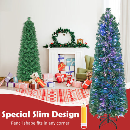 5/6/7/8 FT Pre-Lit Christmas Pencil Tree with Colorful Fiber Optics Green