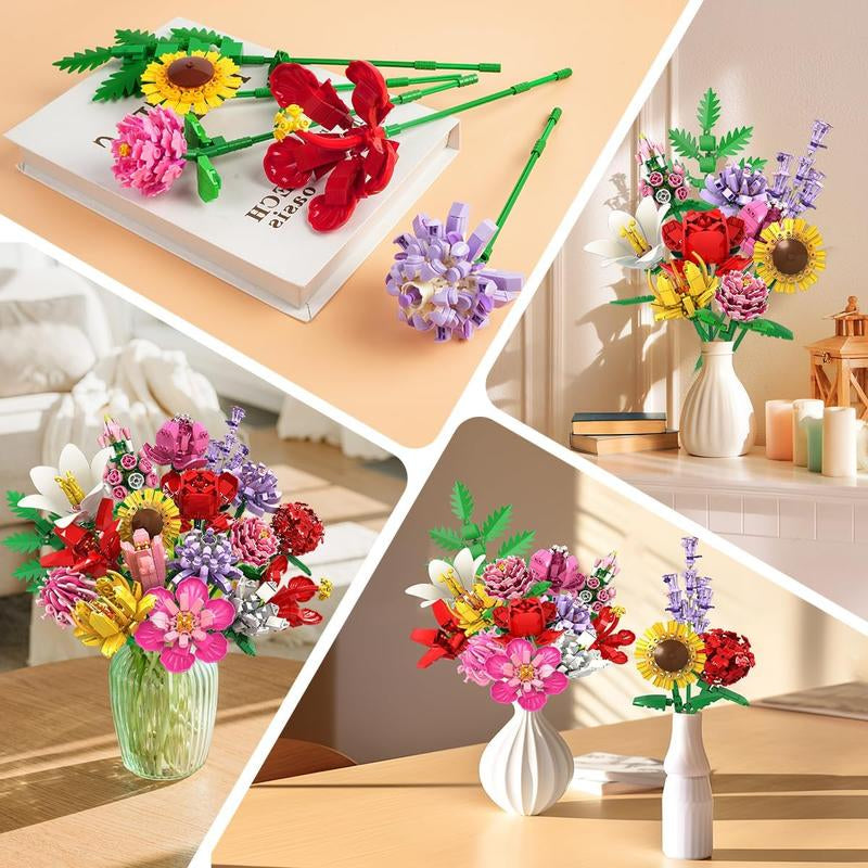 PLAXSOON 1461PCS Flower Bouquet Building Blocks, 18 Flowers & Fruit Ornaments, Everlasting Home Decor, Valentine Birthday Gift for Adults Women Kids 8+