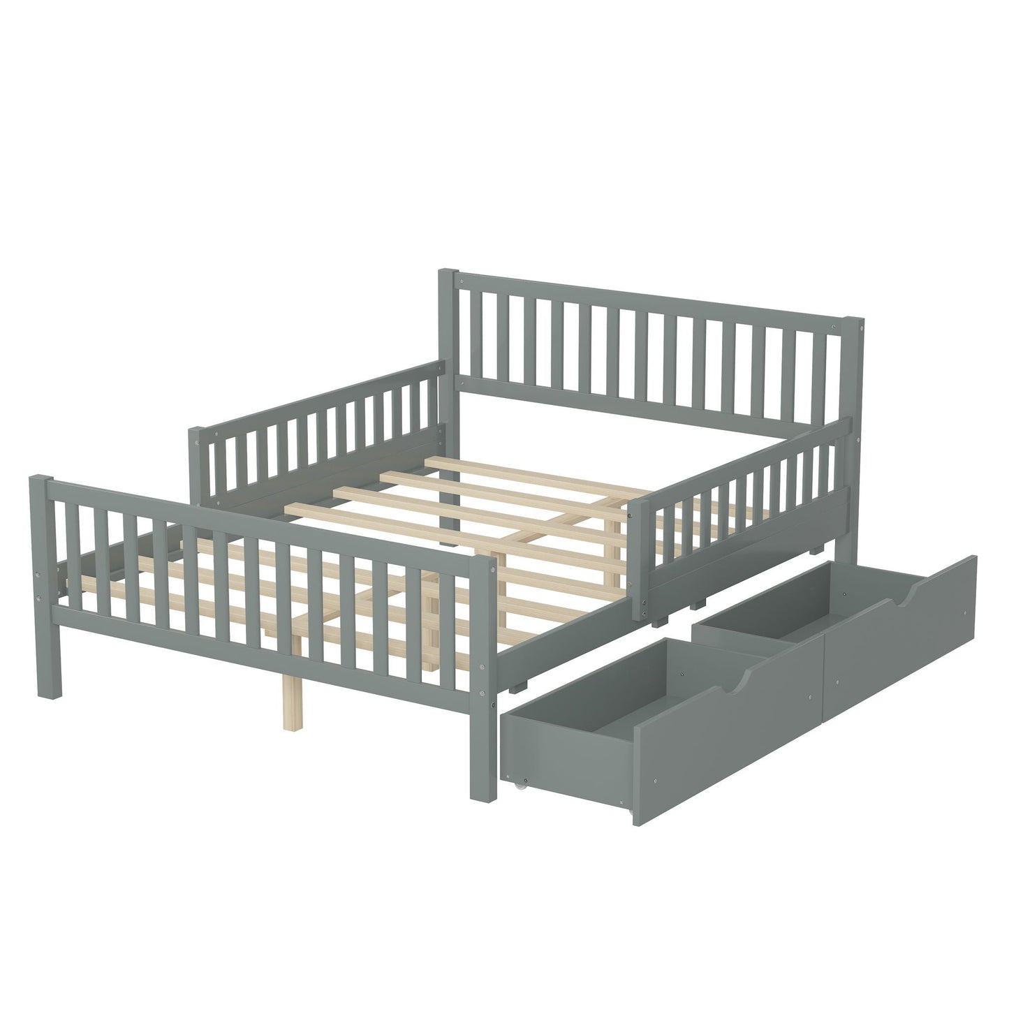 Platform Bed With Guardrails On Both Sides And 2 Storage Drawers