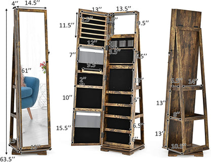 Elegant 360° Swivel Jewelry Armoire with Full-Length Mirror - Lockable Cabinet Organizer with Ample Storage, Makeup Mirror & Back Shelves (Rustic Brown)