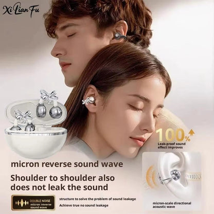 Clip-On Earbuds Wireless Bluetooth Open Ear Headphones with Detachable Crystal Bowknot Earrings, for Sports, Fitness & Workouts