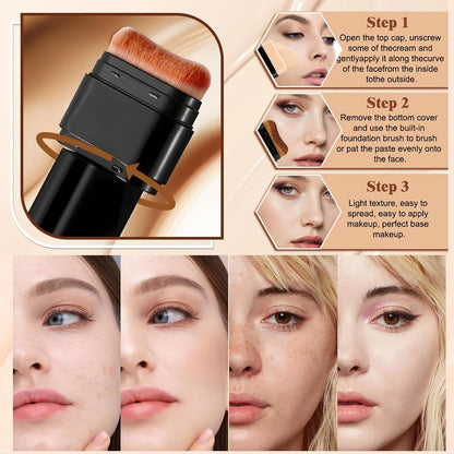 Foundation Stick, Dual-Ended with Brush, 2-In-1 Longwear & Waterproof, Natural Full Makeup Concealer Coverage for Dark Circles & Blemishes with Hydrating Olive & Camellia, 2.09 Oz (04#)