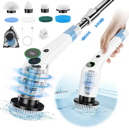 Electric Spin Scrubber, Cordless Shower Scrubber with 8 Scrub Brush, 2 Speed with Adjustable Extension Handle, Battery Level Display, Power Scrubber for Bathroom Bathtub Tile Floor (Black)
