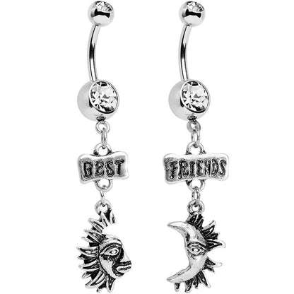 Clear Gem Best Friends Moon and Sun Dangle Belly Ring Set