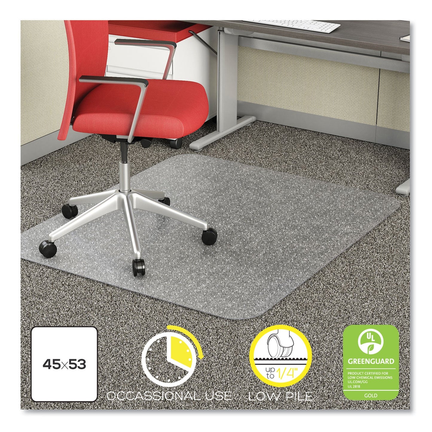 deflecto EconoMat Occasional Use Chair Mat for Low Pile Carpet, 45 x 53, Rectangular, Clear