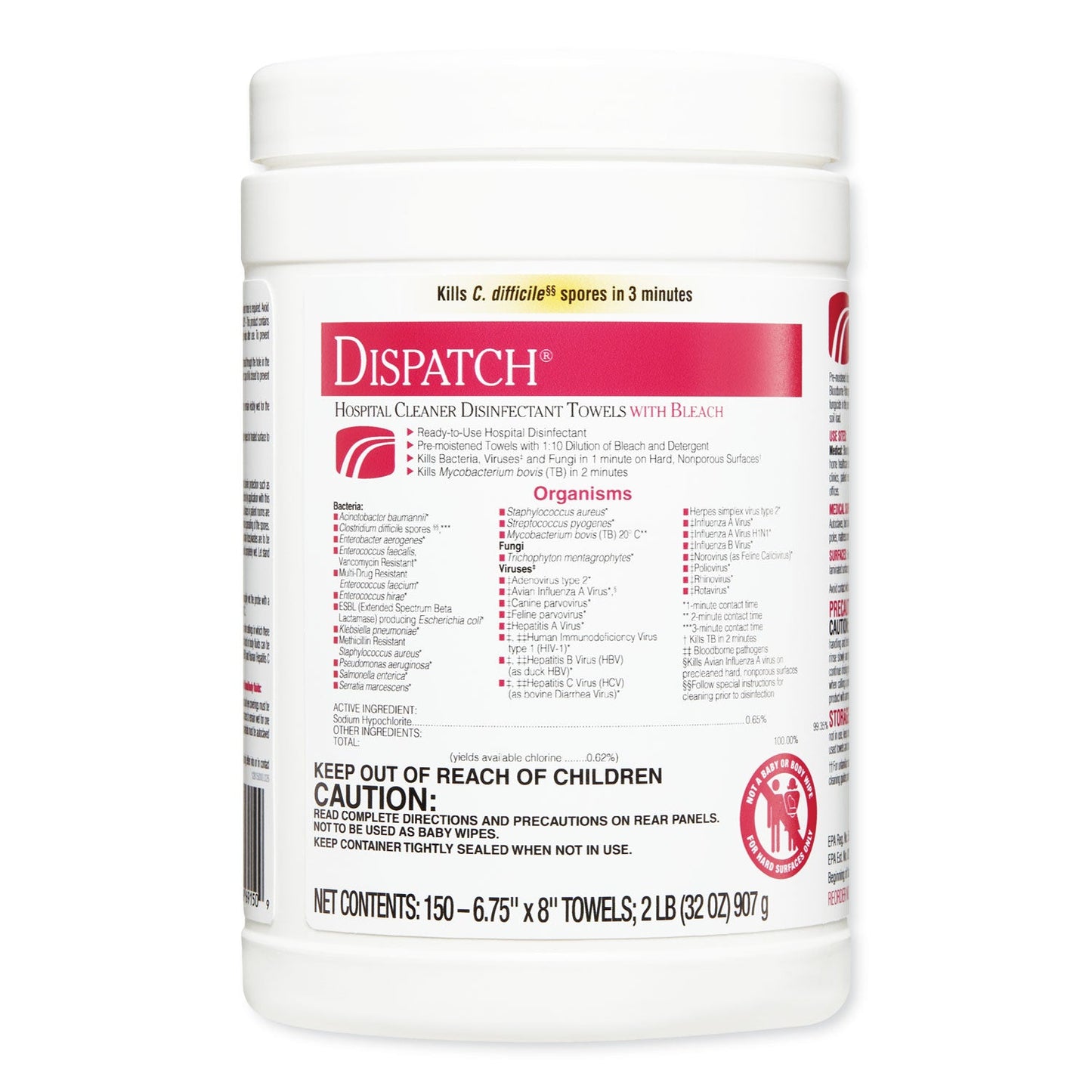 Clorox Dispatch Cleaner Disinfectant Towels, 6.75 x 8, Unscented, 150/Canister, 8 Canisters/Carton
