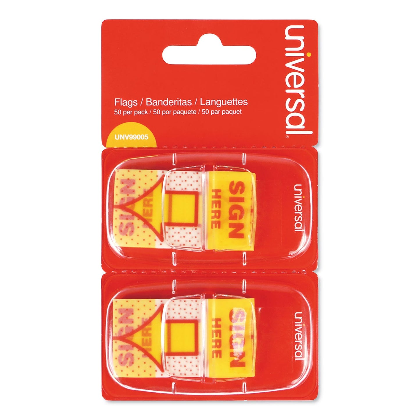 Universal Arrow Page Flags, "Sign Here", Yellow/Red, 50 Flags/Dispenser, 2 Dispensers/Pack