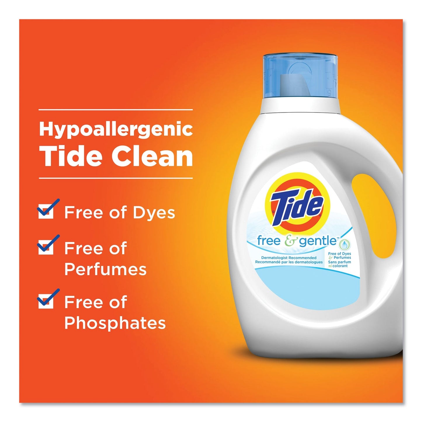 Tide Free and Gentle Liquid Laundry Detergent, 64 Loads, 92 oz Bottle, 4/Carton