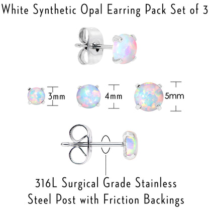 White Synthetic Opal Stainless Steel Post Stud Earring Pack Set of 3