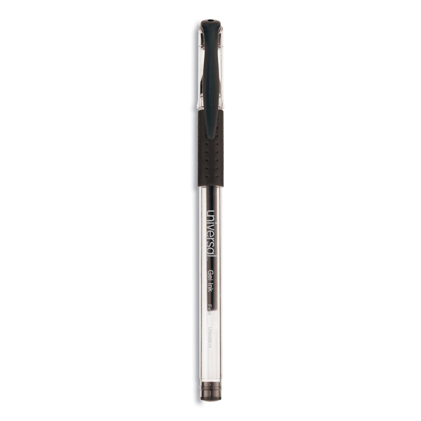 Universal Comfort Grip Gel Pen, Stick, Fine 0.5 mm, Black Ink, Clear Barrel, Dozen
