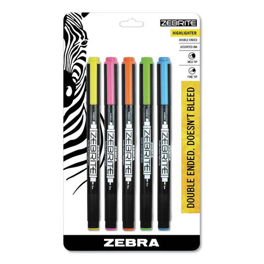 Zebra Zebrite Eco Double-Ended Highlighter, Assorted Ink Colors, Medium-Chisel/Fine-Bullet Tips, Assorted Barrel Colors, 5/Set