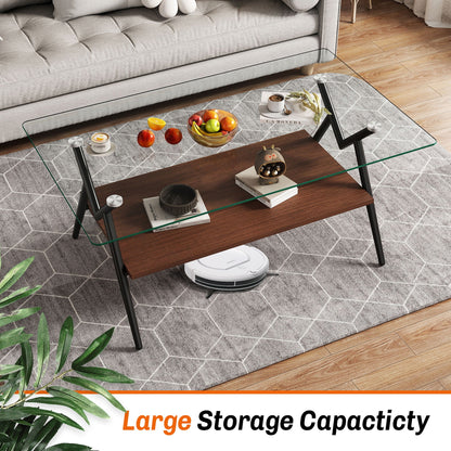 Rectangle Coffee Table With Tempered Glass Top And Shelf