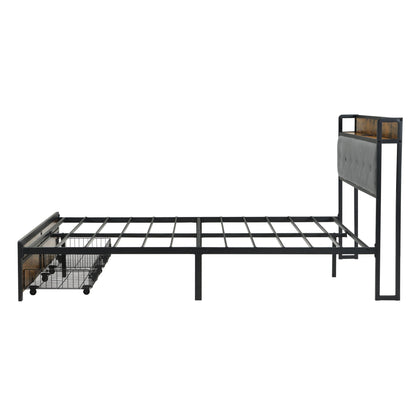 Modern Bed Frame With LED Lights, Upholstered Headboard, USB Charging