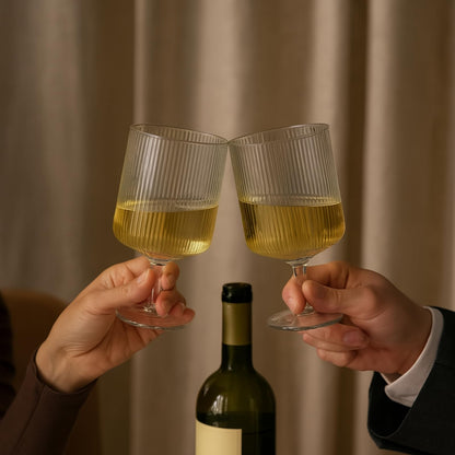 Khen Textured Clear Glass Ribbed Modern Elegant Wine Goblets | Set of 2
