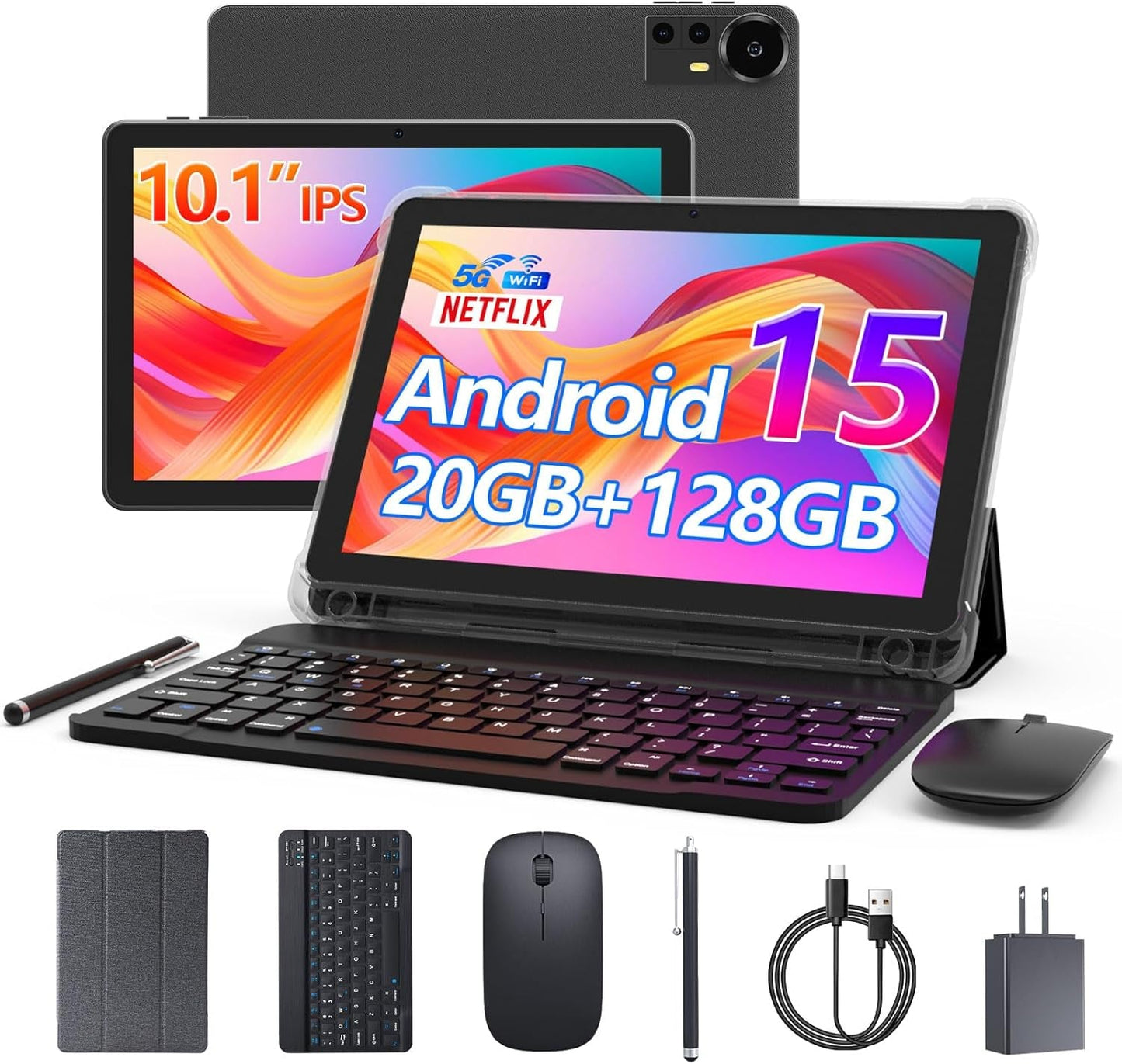 Android 15 Tablet 10 Inch, 20GB RAM+128GB ROM/ 2TB Expandable, 2.0Ghz Quad-Core Processor, 1280*800 HD Screen, 5G Wifi6 BT 5.0, 2 in 1 Tablets with Keyboard Case Mouse Stylus, Widevine L1 Blue