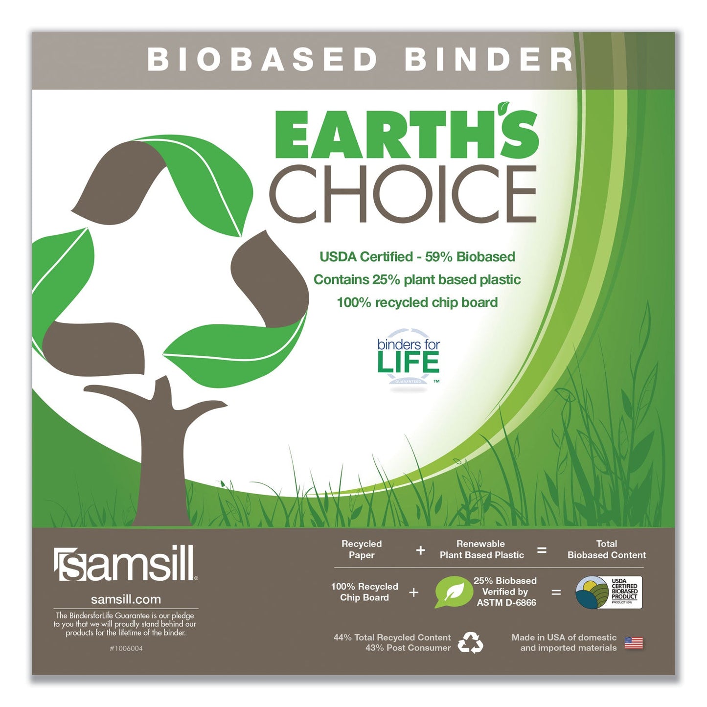 Samsill Earth's Choice Biobased D-Ring View Binder, 3 Rings, 1.5" Capacity, 11 x 8.5, White