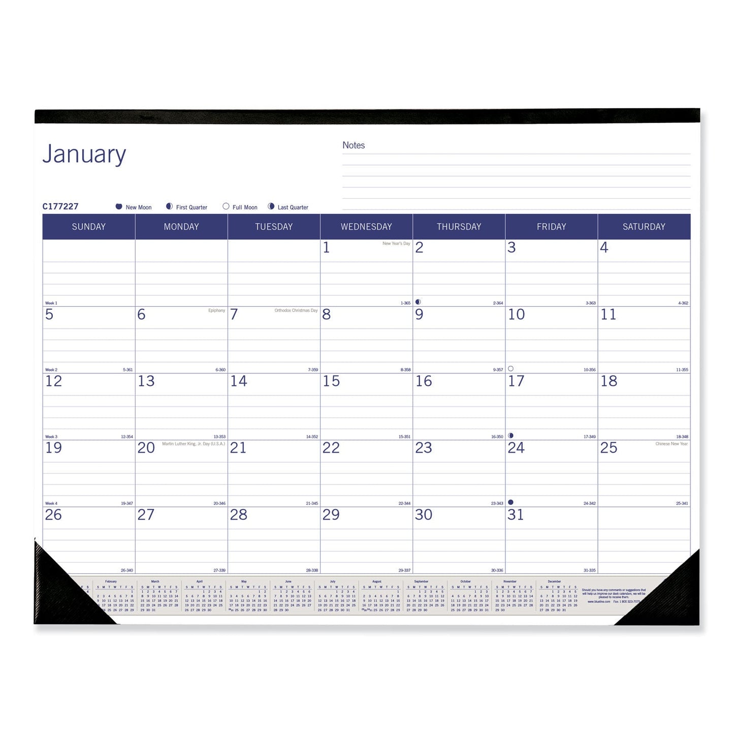 Blueline DuraGlobe Monthly Desk Pad Calendar, 22 x 17, White/Blue/Gray Sheets, Black Binding/Corners, 12-Month (Jan to Dec): 2023
