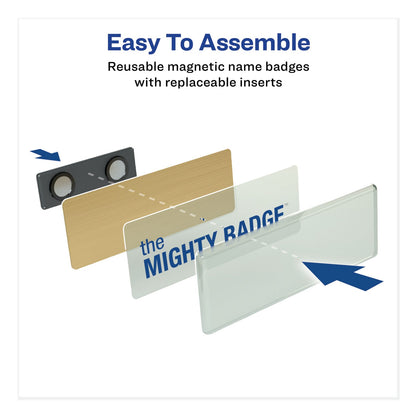 Avery The Mighty Badge Name Badge Holder Kit, Horizontal, 3 x 1, Laser, Gold, 10 Holders/ 80 Inserts