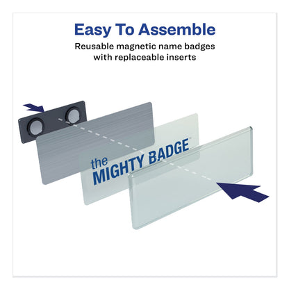 Avery The Mighty Badge Name Badge Holder Kit, Horizontal, 3 x 1, Laser, Silver, 50 Holders/120 Inserts