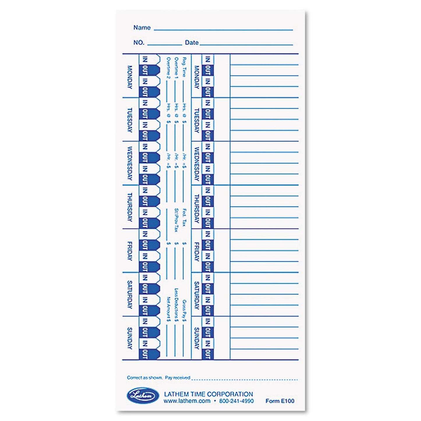 Lathem Time Clock Cards for Lathem Time E Series, One Side, 4 x 9, 100/Pack