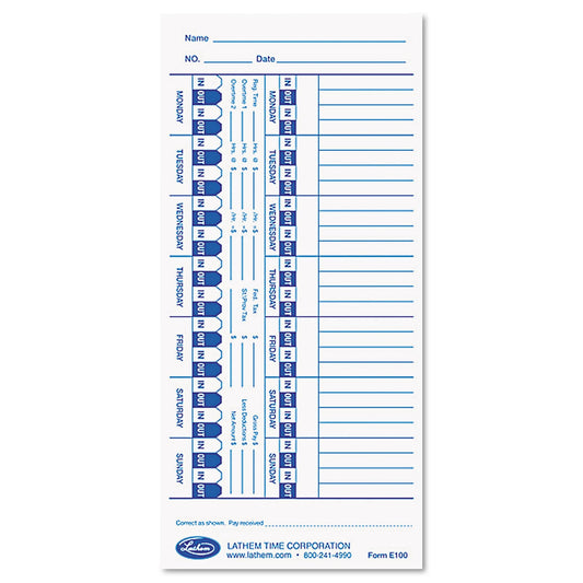 Lathem Time Clock Cards for Lathem Time E Series, One Side, 4 x 9, 100/Pack