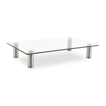 Innovera Adjustable Tempered Glass Monitor Riser, 15.75" x 9.5" x 3" to 3.5", Clear/Silver, Supports 44 lbs
