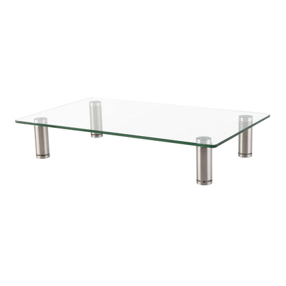 Innovera Adjustable Tempered Glass Monitor Riser, 15.75" x 9.5" x 3" to 3.5", Clear/Silver, Supports 44 lbs