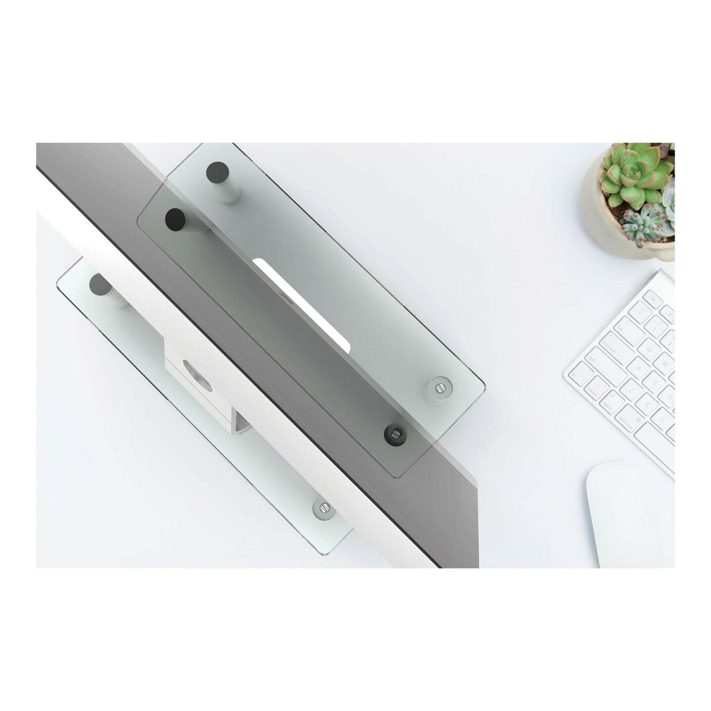 Innovera Adjustable Tempered Glass Monitor Riser, 15.75" x 9.5" x 3" to 3.5", Clear/Silver, Supports 44 lbs
