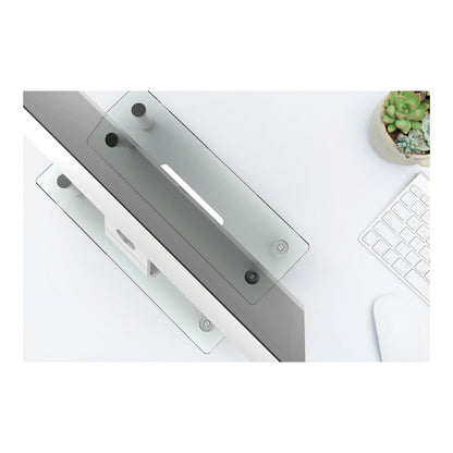 Innovera Adjustable Tempered Glass Monitor Riser, 15.75" x 9.5" x 3" to 3.5", Clear/Silver, Supports 44 lbs